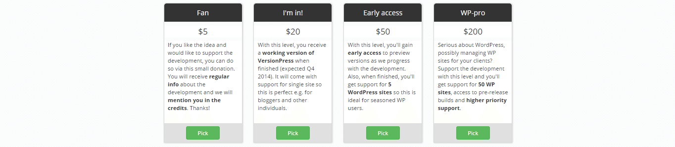 funding level options from versionpress' crowdfunding campaign