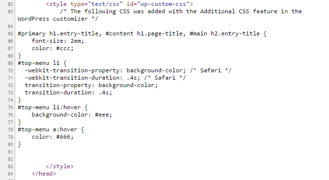 A snapshot of HTML demonstrating the the Additional CSS feature inlines CSS just before the closing head tag.