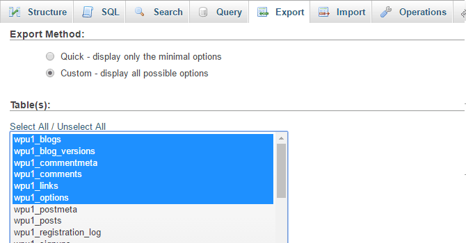 Custom export settings.