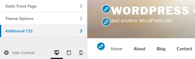 A snapshot of the WordPress customizer menu showing the new Additional CSS menu option.