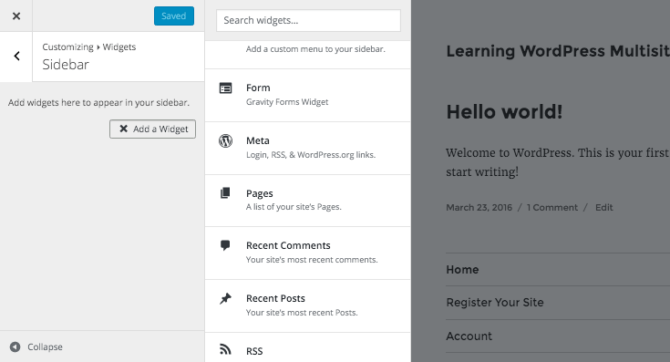 adding a form widget via the WordPress customiser