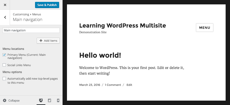 WordPress customizer- editing menus