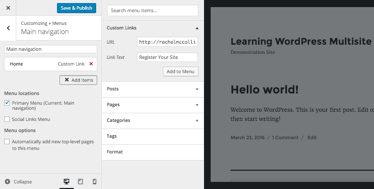 Adding wp-signup.php to the menu via the customizer