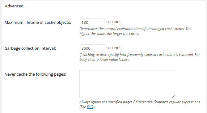 screenshot of advanced section of database menu of w3tc