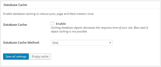 screenshot of database section in general settings menu in w3tc