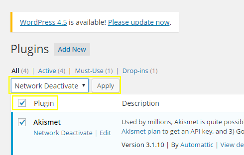 The plugin checkbox has been checked and the deactivate option has been selected in the drop down box.