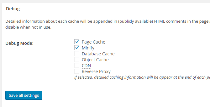 screenshot of debug mode section of w3tc