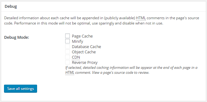 screenshot of debug section of general settings menu in w3tc