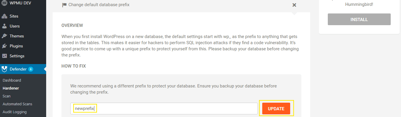 The change prefix option in Defender.