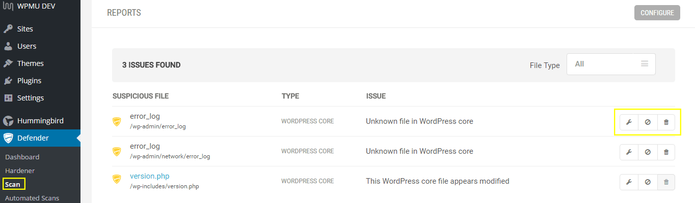 Three errors are reported on a site using Defender.