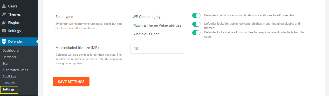Defender's settings page.