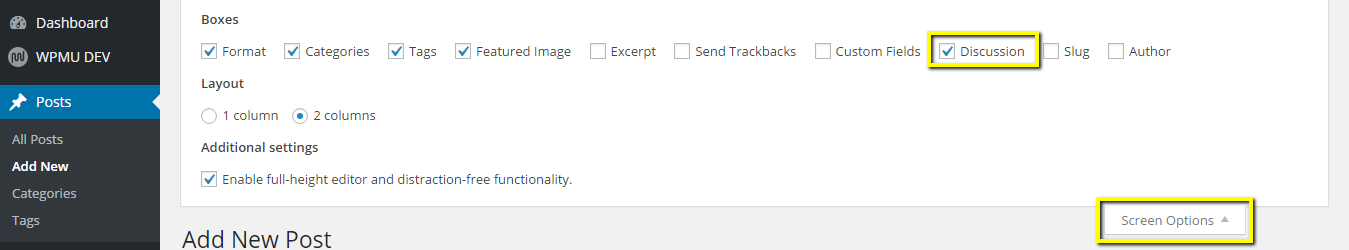 use the screen options to display the discussion box