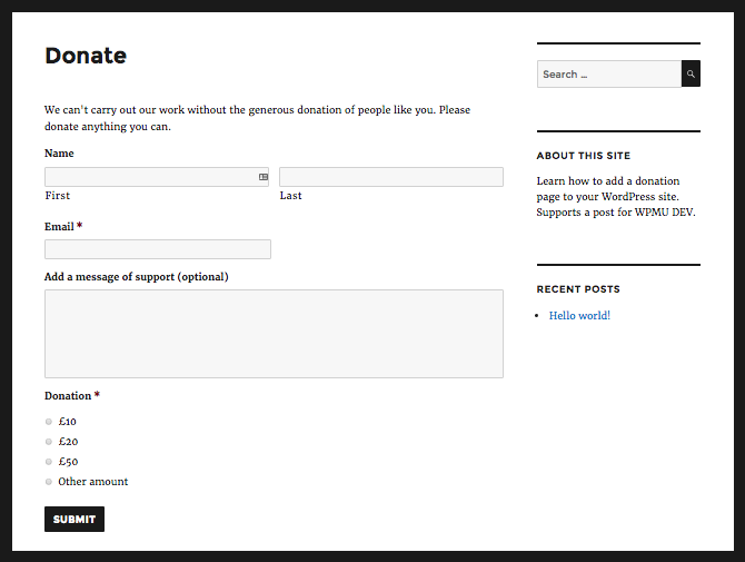 The donation page with the form