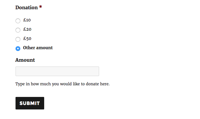 A field for the donation amount is displayed if the users selects the 'other' option