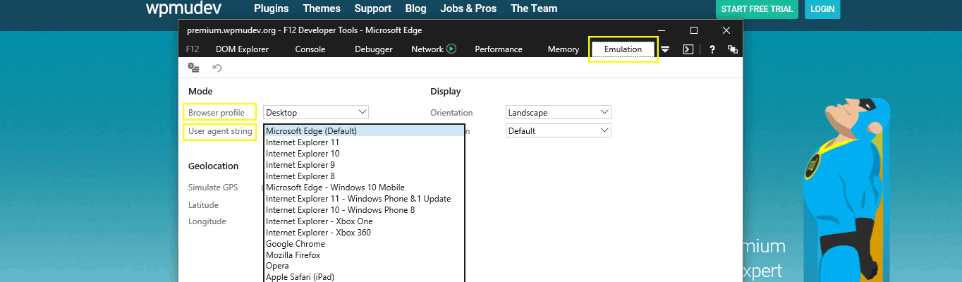 The Emulation tab in the Edge browser.
