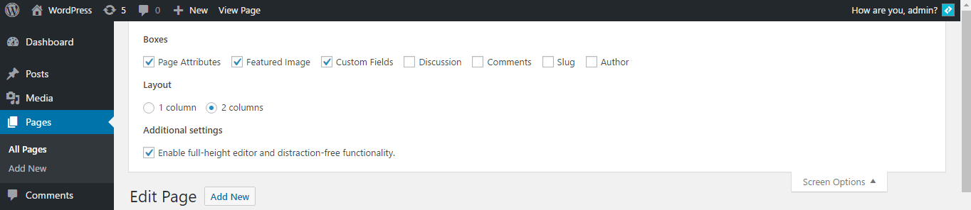 Editing the page screen options.