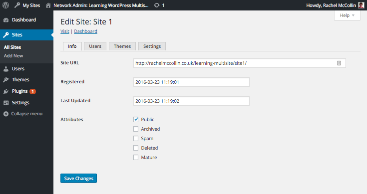 WordPress Multisite edit site info