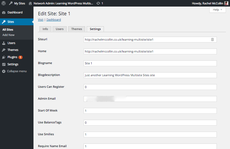 WordPress Multisite editing site settings for one site