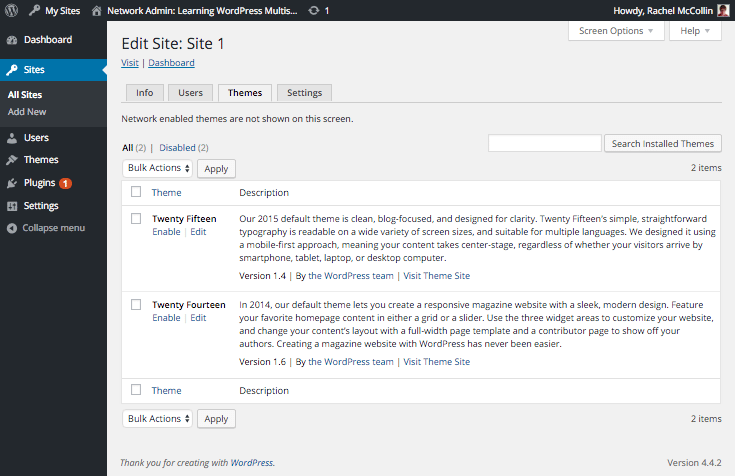 WordPress Multisite enabling themes for a site