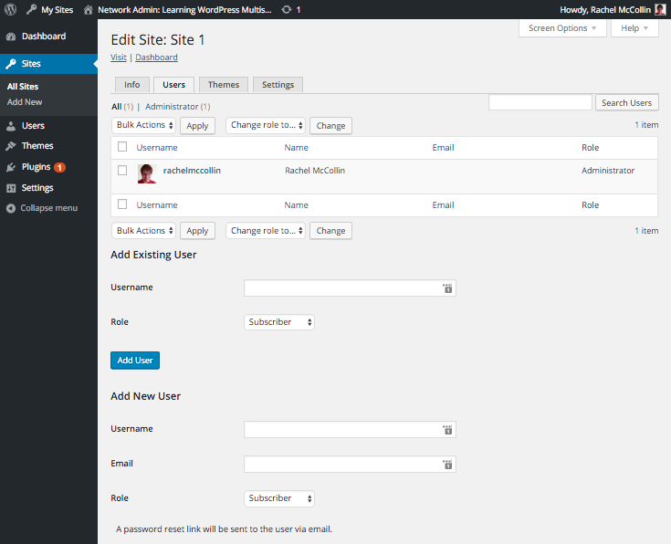 site users screen in network admin