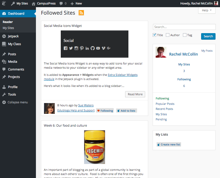 The Edublogs Reader screen