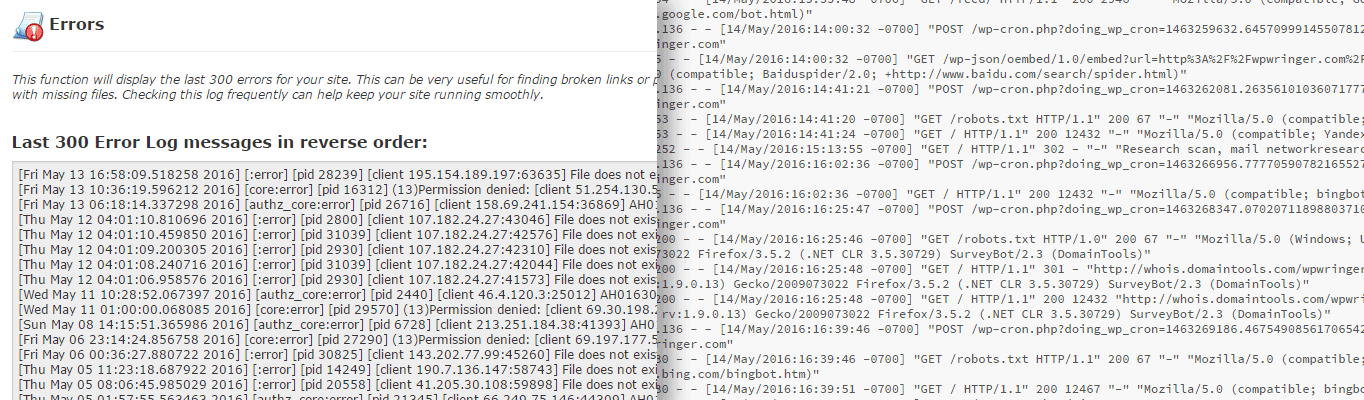 Sample error and access logs, side-by-side.