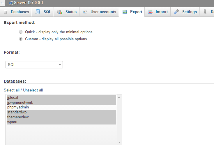 select just the databases you wish to export