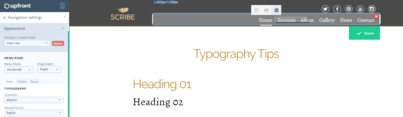 screenshot showing the location of the navigation menu typography