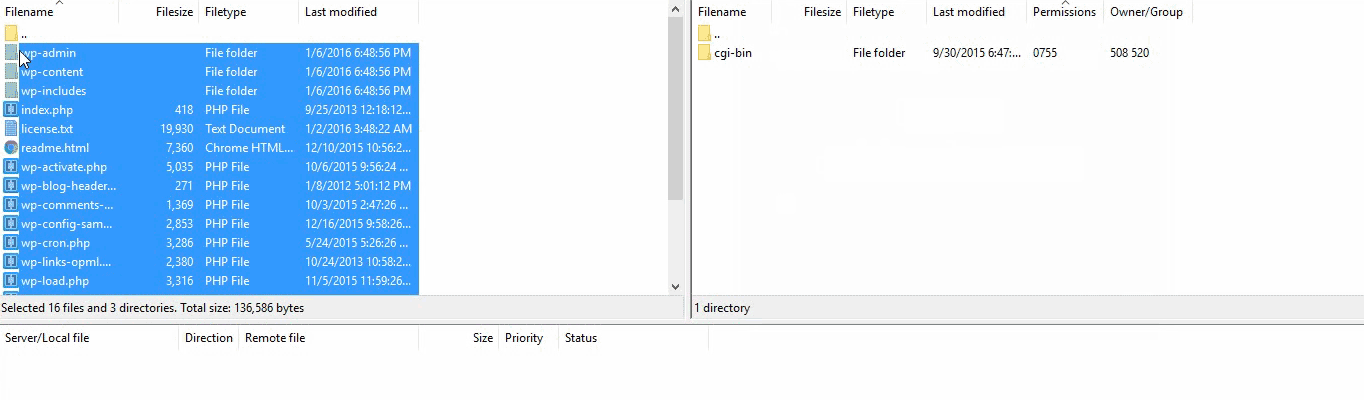 Using FTP to transfer files from the server panel (on the right) to the computer panel (on the left).