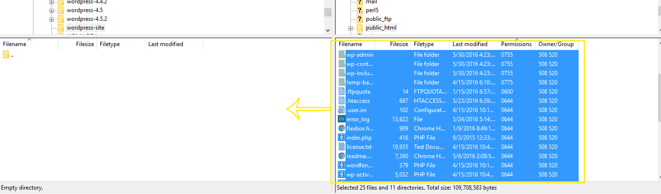 Files are moved from the panel on the right (server) to the panel on the left (computer).