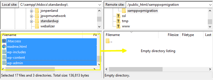 Filezilla interface demonstrating moving all directory contents from the local directory to the server