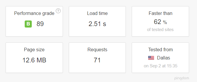 screenshot of pingdom test