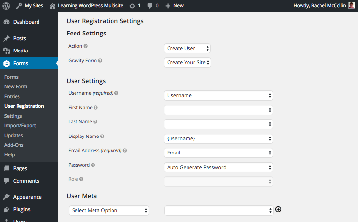 gravity forms setting up user registration