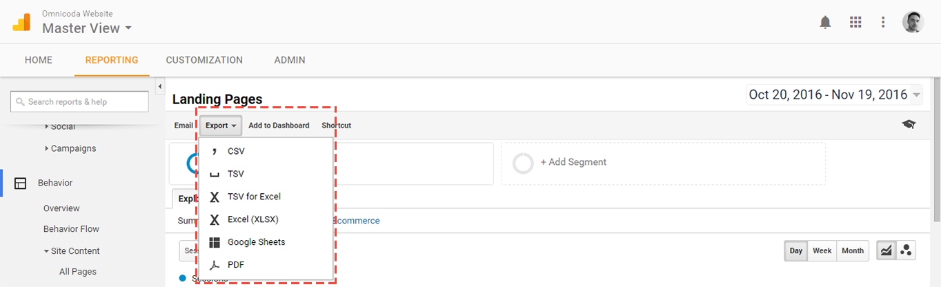 Google Analytics Landing Pages export.