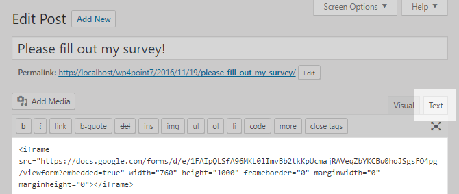 Switch to the text version of the post editor and paste in the installation code.