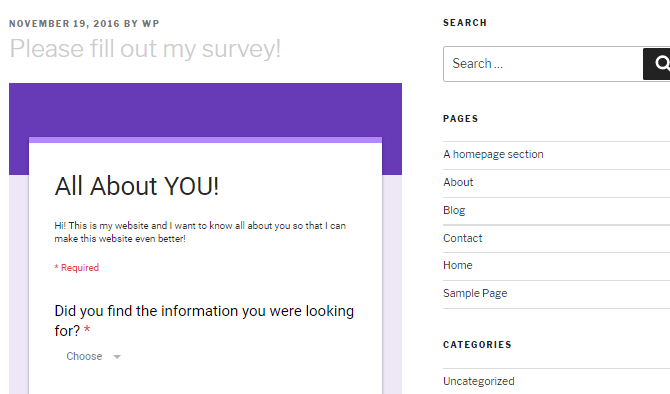 Screenshot of a Google Forms survey embedded in a WordPress website.