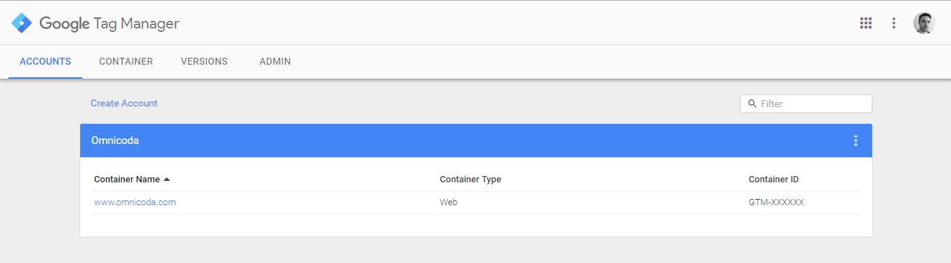 The accounts interface in Google Tags Manager.