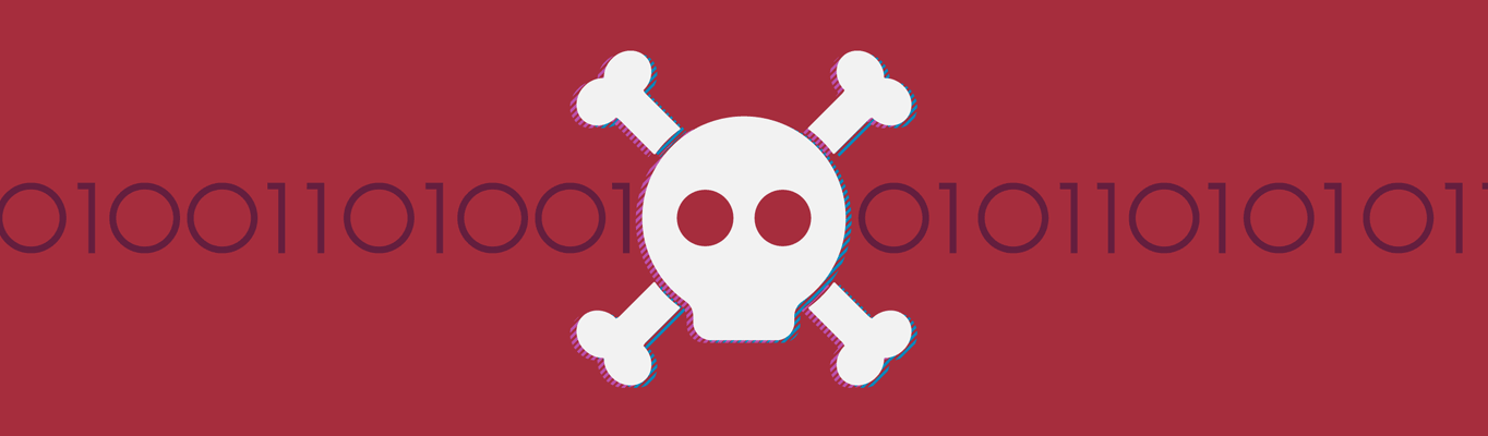 Illustration of a skull and cross bones and binary behind it.