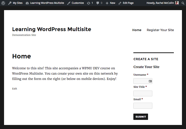 static home page with site creation form in sidebar