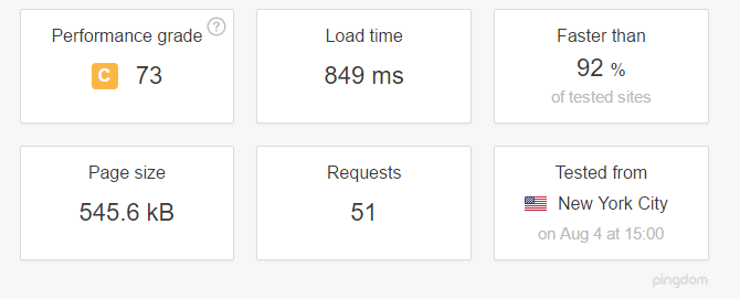 screenshot of a pingdom website speed test