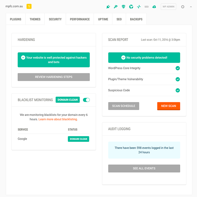 Monitor the security of all your site from The Hub.