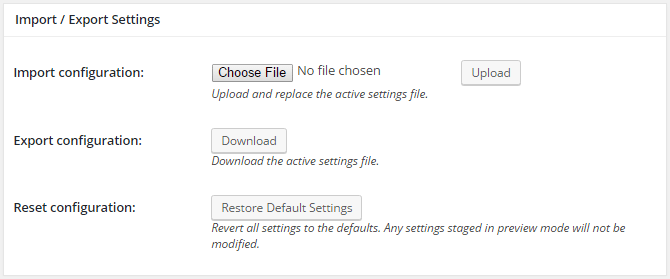 screenshot of import and export section of general settings menu in w3tc