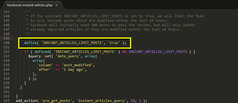 define INSTANT_ARTICLES_LIMIT_POSTS as true to limit the feed to items updated in the last 24 hours