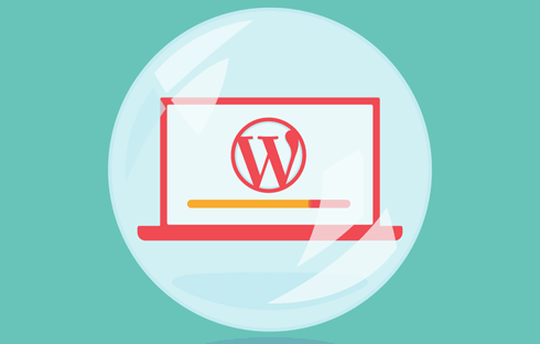 A laptop with WordPress loading inside a bubble so it's not connected to the outside world.