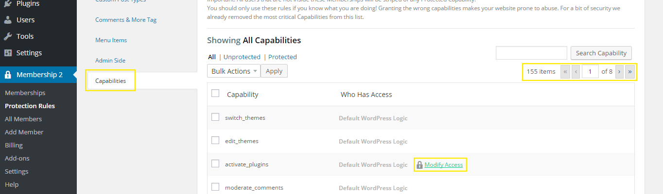 The Membership 2 Pro capabilities settings.