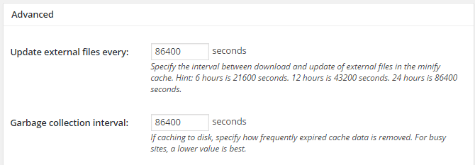 screenshot of advanced section of minify menu in w3tc