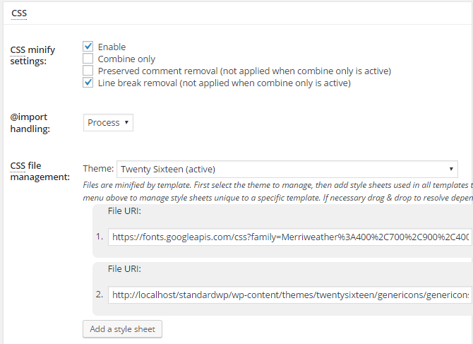 screenshot of css section of minify menu in w3tc