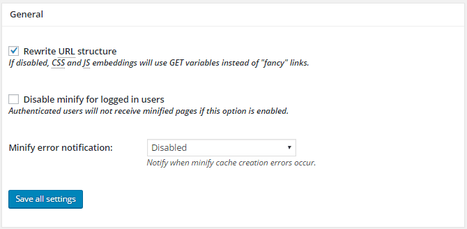 screenshot of general section of minify menu in w3tc