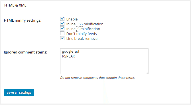 screenshot of html section of minify menu in w3tc