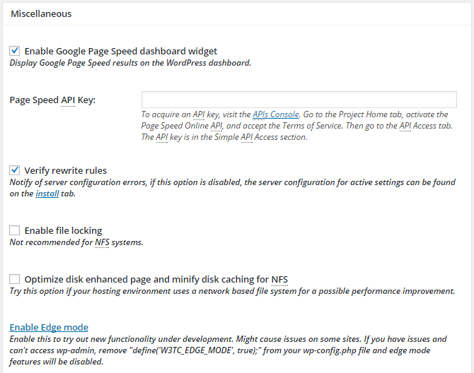 screenshot of miscellaneous section of general settings menu in w3tc